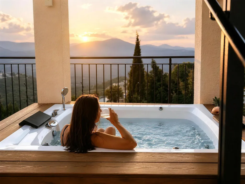 Balcony jacuzzi facing the view at sunset, Villa Galilee